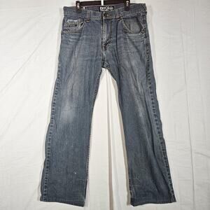 Enyce Jeans Mens 34x30 Blue Medium Wash Relaxed Straight Denim Distressed Logo
